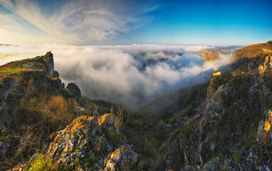Beautiful autumn landscape at sunrise. picturesque river canyon. nature of Ukraine