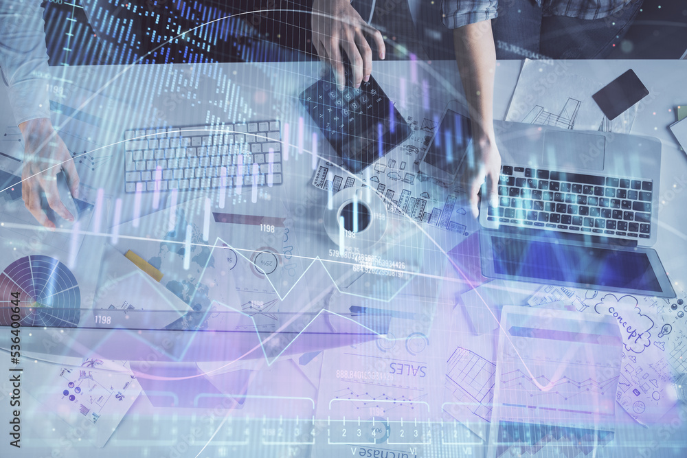 Poster multi exposure of man and woman working together and financial chart hologram. business concept. com