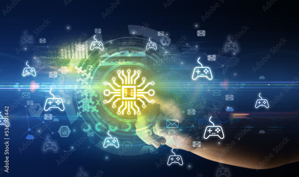 Poster touching with soft gesture multimedia screen with future technology concept