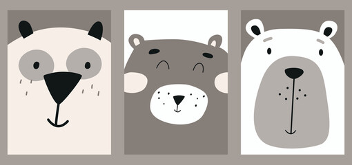 Cute illustration of bear faces in scandinavian style. Collection of flat illustrations. Wild vector hand drawn bears. Child card design idea.