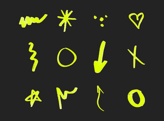 Light green hand drawn retro shapes. Arrow, heart, wavy lines
