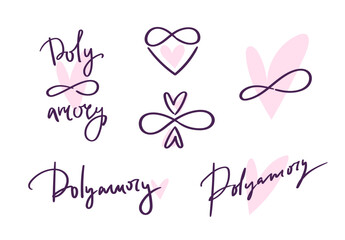 Polyamory hand drawn logo set. Ethical non monogamy concept. Notions of polygamy and open relations. Heart shape sign and infinity symbol.