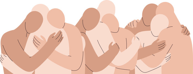Crowd of naked abstract men and women hug. Polyamory concept. Notions of polygamy, open intimate, romantic and sexual relations, free love. Ethical non monogamy.