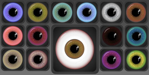Fototapeta premium Eyeball with set of colored lenses 14 pieces in gray square cells. Vector illustration, isolated, for ophthalmology, web site, advertising