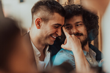 Portrait of multiethnic diverse gay LGBT romantic male couple embracing and showing their love