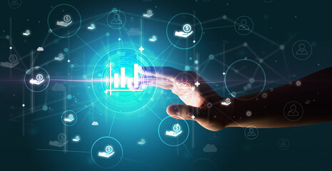 Businessman hand pressing stock graphic information on multitouch screen