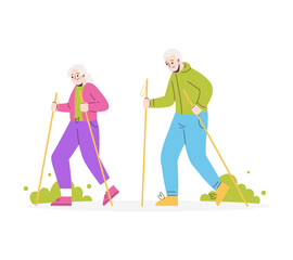 Elderly people take exercise. Seniors do sport with walking poles.