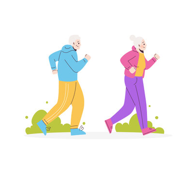 Elderly people take exercise. Seniors are running.
