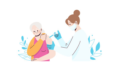 Nurse gives an injection to senior woman. Vaccination concept. Flat illustration