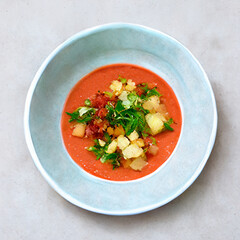 Healthy plant-based Gazpacho with greens. Autumn veggie Spanish soup. Vegan, vegetarian, meatless food. Veggie lunch. 