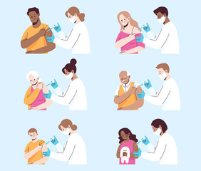 Set of nurses give an injection to different people. Vaccination concept. Flat style illustration