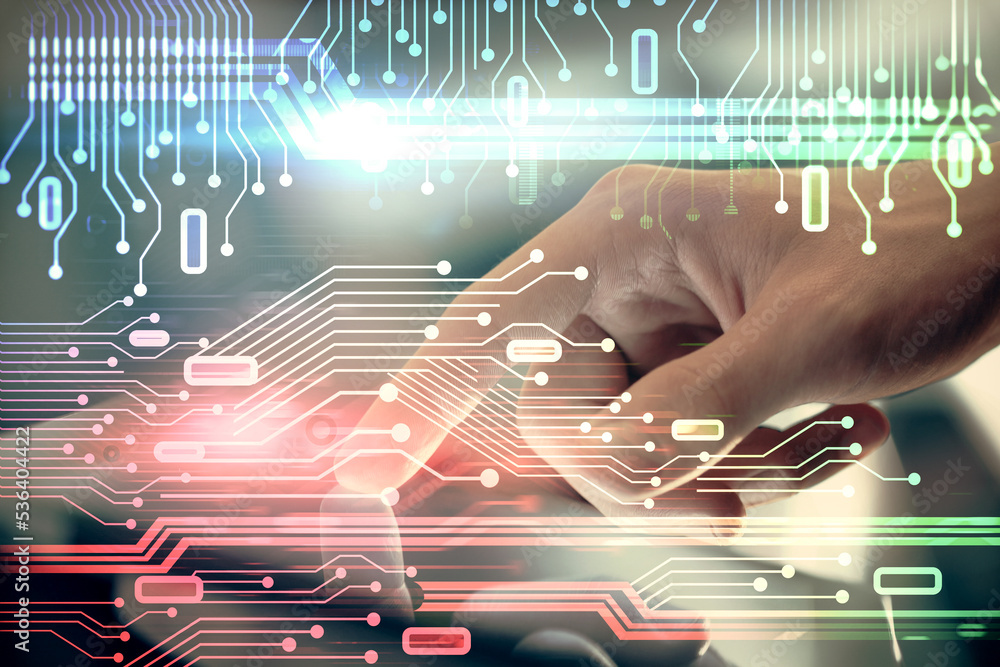 Poster multi exposure of man's hand holding and using a digital device and data theme drawing. innovation c