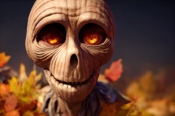 Close-up view of a friendly mummy with autumn leaves

