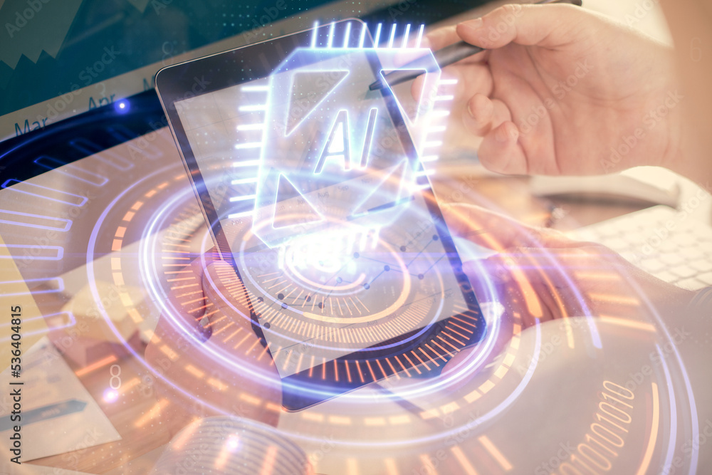 Poster Multi exposure of man's hands holding and using a digital device and data theme drawing. Innovation concept.