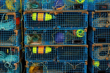 Group of blue lobster traps stacked on a dock