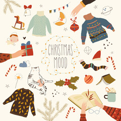 Cartoon Christmas Set with Sweaters, Books and Graphic Holiday Elements