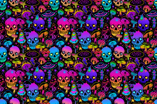 seamless pattern bright psychedelic mushrooms and skulls