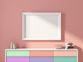 Horizontal white poster Frame Mockup hanging above colorful chest on pink wall, 3d rendering
