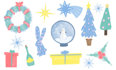 Christmas big set, New Year holiday decoration elements vector Illustrations on a white background