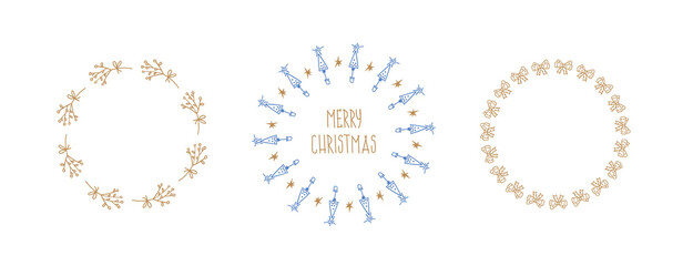 Set of round Christmas wreaths: branch, xmas tree, star, bow, berries. Holiday vector frame. Good for banner, poster and greeting card. New Year mood.