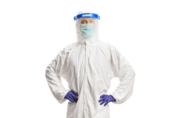 Worker in a hazmat protective equipment with a mask and face shiled