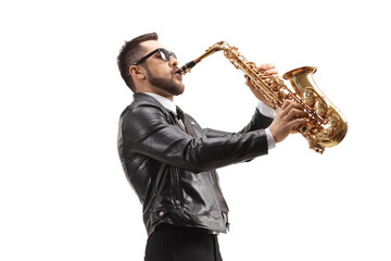Fototapeta na wymiar Man playing a saxophone and wearing sunglasses