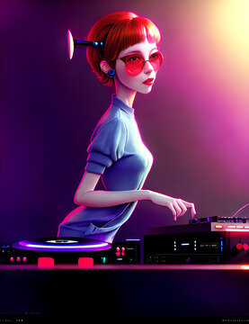 A Woman With Red Hair Playing A Dj Set Up On A Turntable.