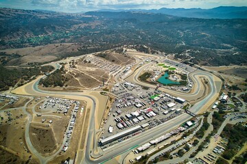 Aerial drone view of WeatherTech Raceway Laguna Seca in California, USA.