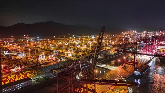 time lapse aerial view of ningbo harbor at twilight