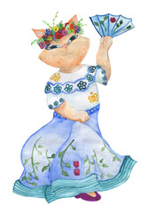 The cat is dancing in a beautiful dress with patterned embroidery. Watercolor illustration.