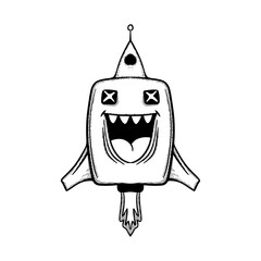 Monster cute rocket Illustration hand drawn cartoon sketch lineart vintage style vector