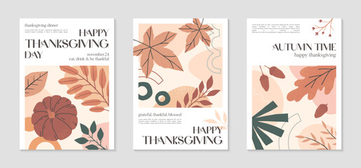 Happy Thanksgiving Day creative posters with pumpkins,foliage and copy space for text.Modern autumn covers for invitations,social media marketing,greetings,brochure.Trendy holiday backgrounds.