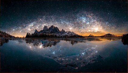 Hyper-realistic illustration of a mountain island on a sea with a starry sky.