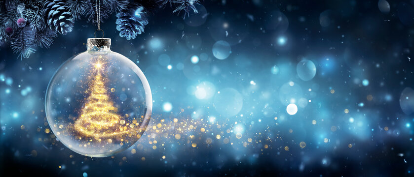 Christmas Tree In Snow Ball Hanging Fir Branch With Golden Glittering On Blue Abstract Night