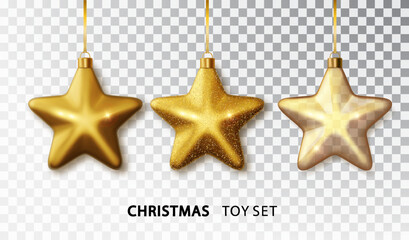 Obraz premium Gold Christmas tree toy set in the form of a star isolated on a transparent background. Stocking Christmas decorations. Vector object for christmas design, mockup. Vector realistic object.