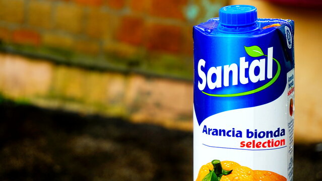 Rome, Italy - May 19, 2019: Blond orange juice in tetrapak from Santal company. Founded in 1980 as a branch of the fruit processing company by the Parmalat company