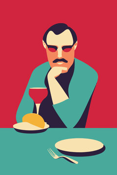 Artsy Illustration Of A Man At A Dining Table Drinking Wine Against A Red Background