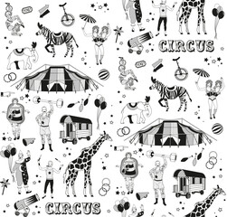The Clown, The Snake Lady,The Knife Thrower, The strong man, The siamese twins,The Gymnast Girl ,Elephant, Zebra, Giraffe, Circus Tent. - 536416287