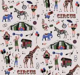 The Clown, The Snake Lady,The Knife Thrower, The strong man, The siamese twins,The Gymnast Girl ,Elephant, Zebra, Giraffe, Circus Tent. - 536416298