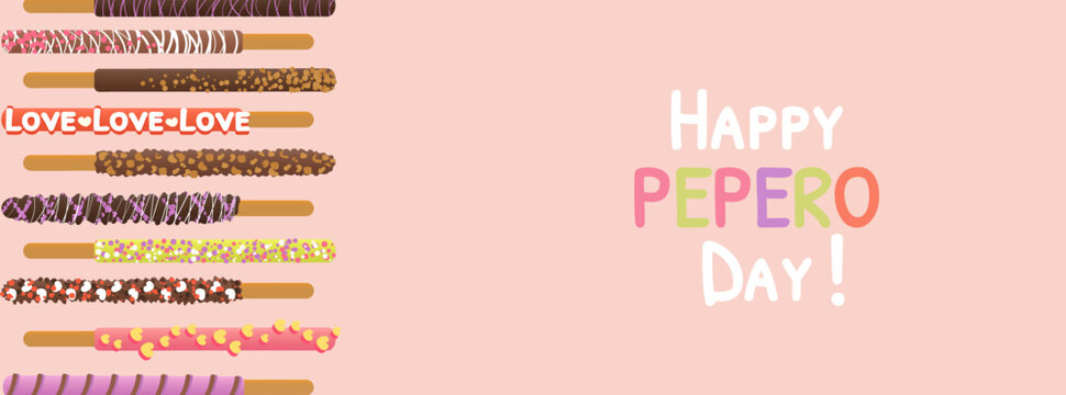 Happy pepero day background vector illustration with copy space for text. Assorted chocolate dipped pepero sticks and celebration colorful text. Vector illustration