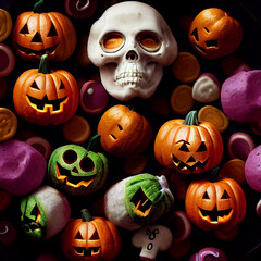 Pumpkins with candies and skull, Halloween style, trick or treat
