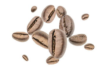 Coffee beans falling background. Black espresso coffee bean flying. Aromatic grain fall isolated on white. Represent breakfast for energy and freshness concept.