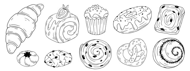 A set of linear sketches of various sweet pastries, desserts, cookies. Vector graphics.
