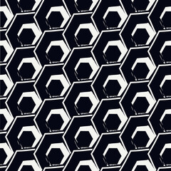 Paint brush hexagons. Hand drawn honeycombs background. Hexahedrons wallpaper. Hives motif. Geometric backdrop. Ethnic digital paper. Web designing. Textile print. Seamless pattern.