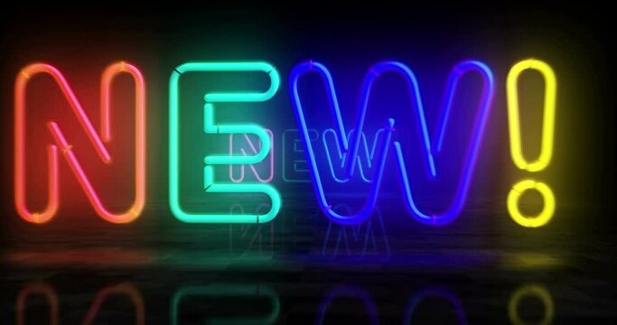 New neon symbol. Light color bulbs. Retro style of innovation, promotion, idea and product abstract seamless and loopable concept. 3d flying through the tunnel animation.