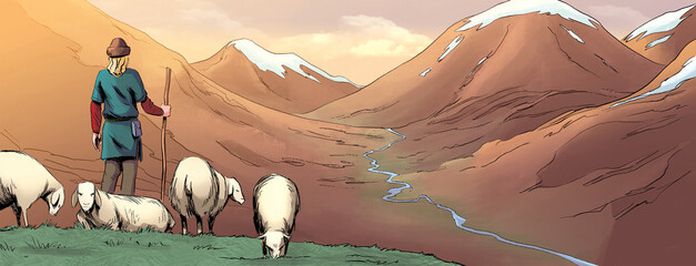 medieval shepherd - mountain scenery - viking