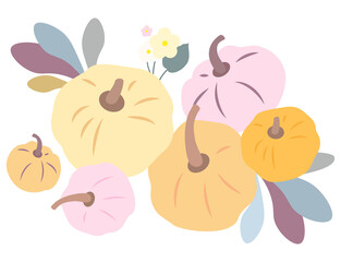 Colorful pumpkins with flowers. Autumn illustration.