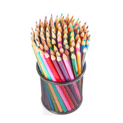 Colorful pencils in a black basket over a white background