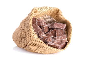 Jute bag with pieces of chocolate isolated on transparent background