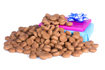 Pile of ginger nuts and presents, a Dutch tradition at Sinterklaas event in december isolated on transparent background